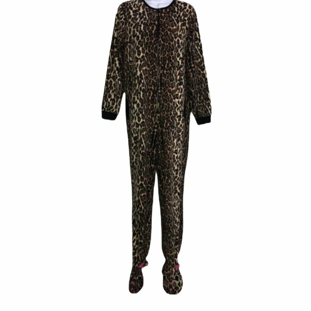 Nick & Nora Soft Fleece Unionsuit Pajamas Womens S Leopard Brown Footed Footies